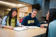 Residents meet to study and socialize in the Walter Gage Fireside Lounge, UBC.