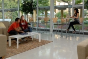 Residents gather to study in a common area at Totem Park, UBC.