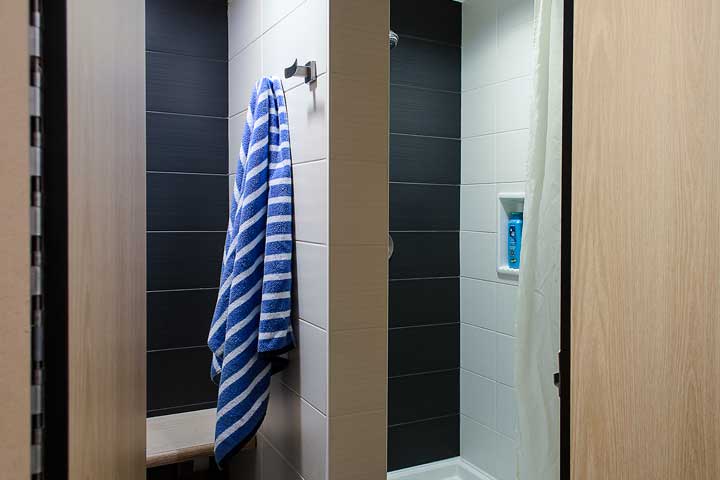 Communal bathroom with private showers at Totem Park, UBC.