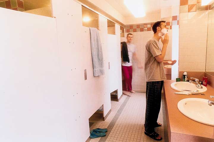 Single gender communal bathroom at Place Vanier, UBC.