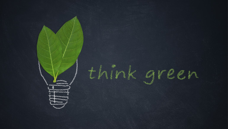 Think Green graphic shows green leaves inside a lightbulb.