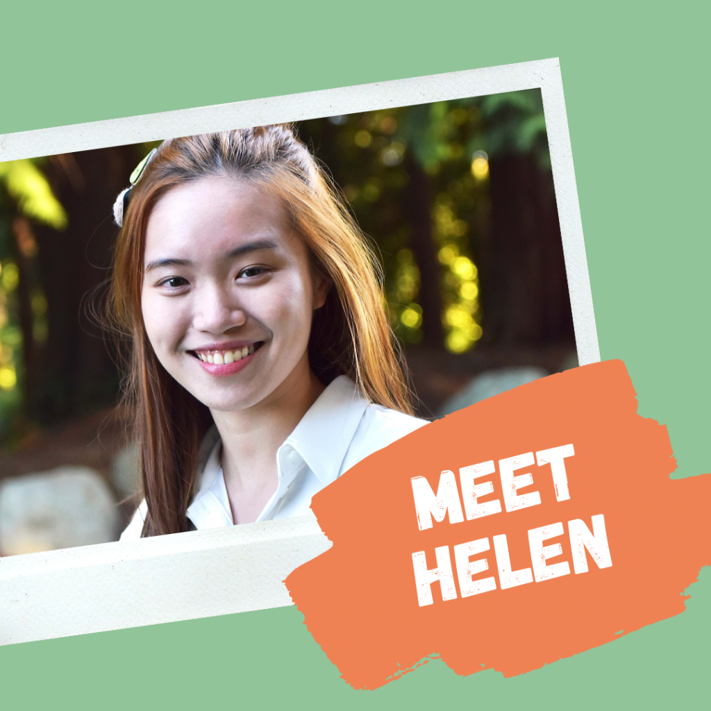 Green and orange graphic with photo of Helen Chen and the text "Meet Helen"