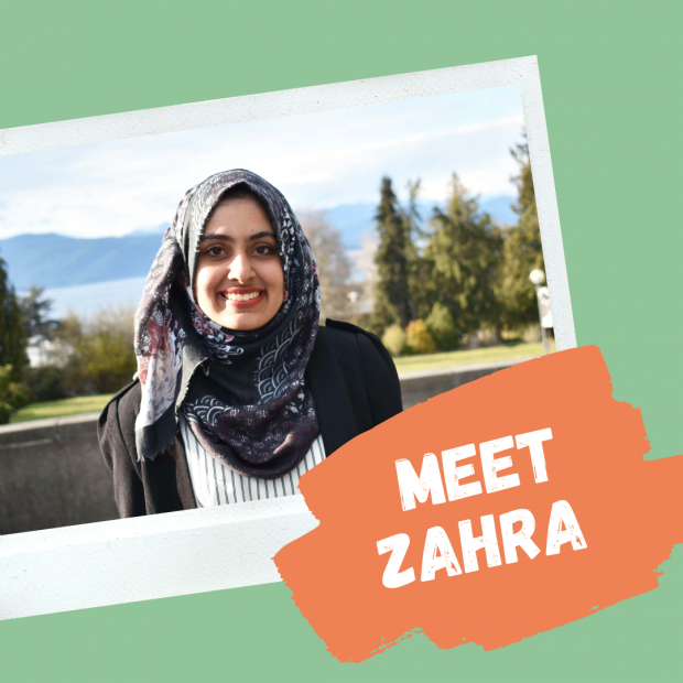 Green and orange graphic with photo of Zahra Fazal and the text "Meet Zahra"