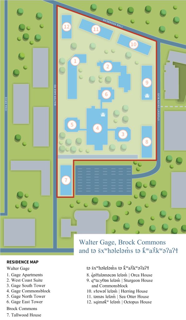 Brock Commons, tə šxʷhəleləm̓s tə k̓ʷaƛ̓kʷəʔaʔɬ and Walter Gage Residence Boundary Map