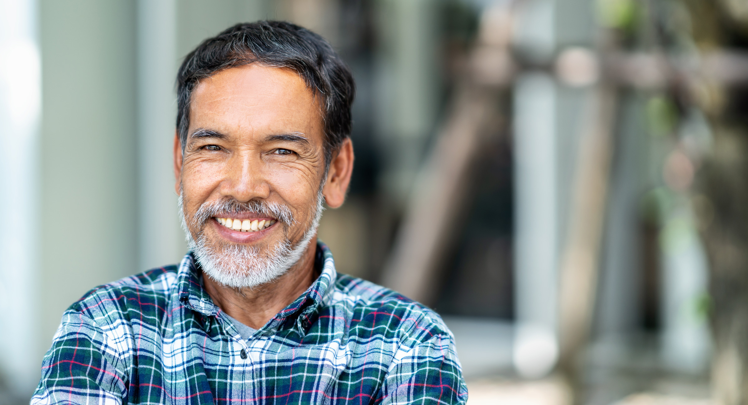 Smiling man with dark hair and grey beard, arms crossed, wearing a plaid shirt