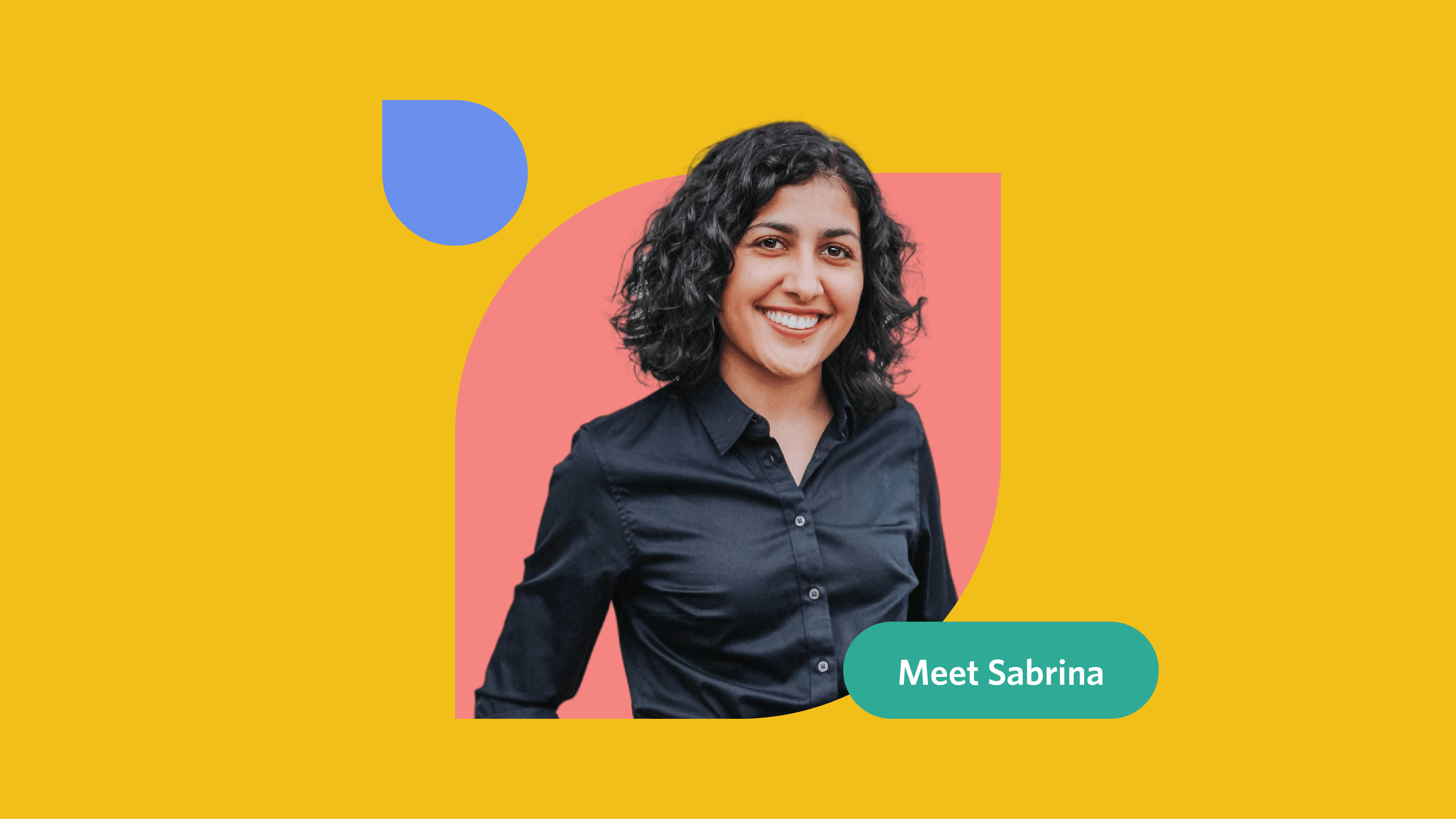 Yellow, pink, and blue graphic with a photo of Sabrina Rai with the text "Meet Sabrina"